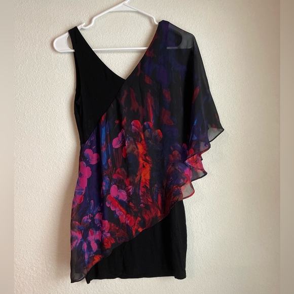 bebe Asymmetrical Black and Vibrant Floral Mini Dress size XS - Picture 1 of 7